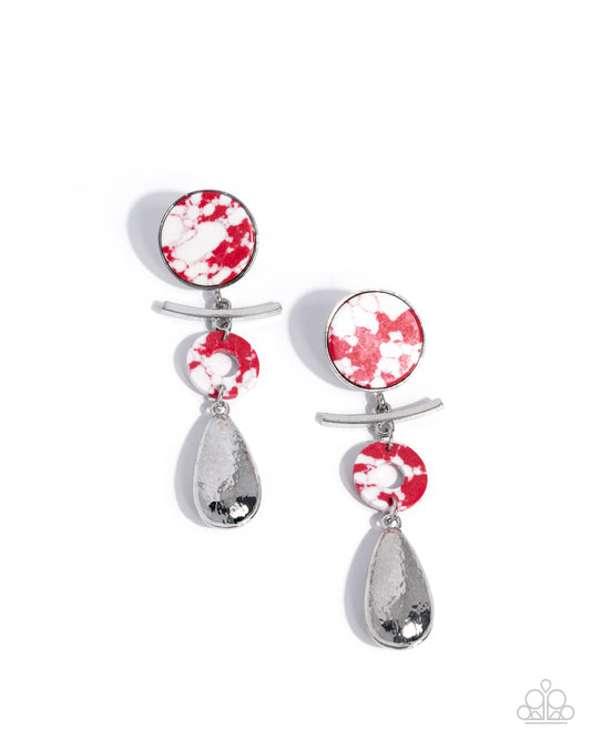 Paparazzi Rustic Report - Red Marbled Stone Silver Teardrop Earring