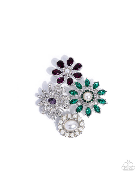 Paparazzi Bustling Bouquet - Multicolor Smoky, Emerald & White Rhinestone Flower Lapel Pin Brooch BR026