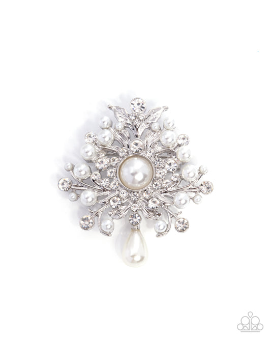 Paparazzi Perennial Polish - White Pearl & Rhinestone Lapel Pin Brooch BR037