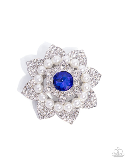 Paparazzi Pampered Polish - Blue Sapphire Gem Pearl Bead Flower Lapel Pin Brooch BR035