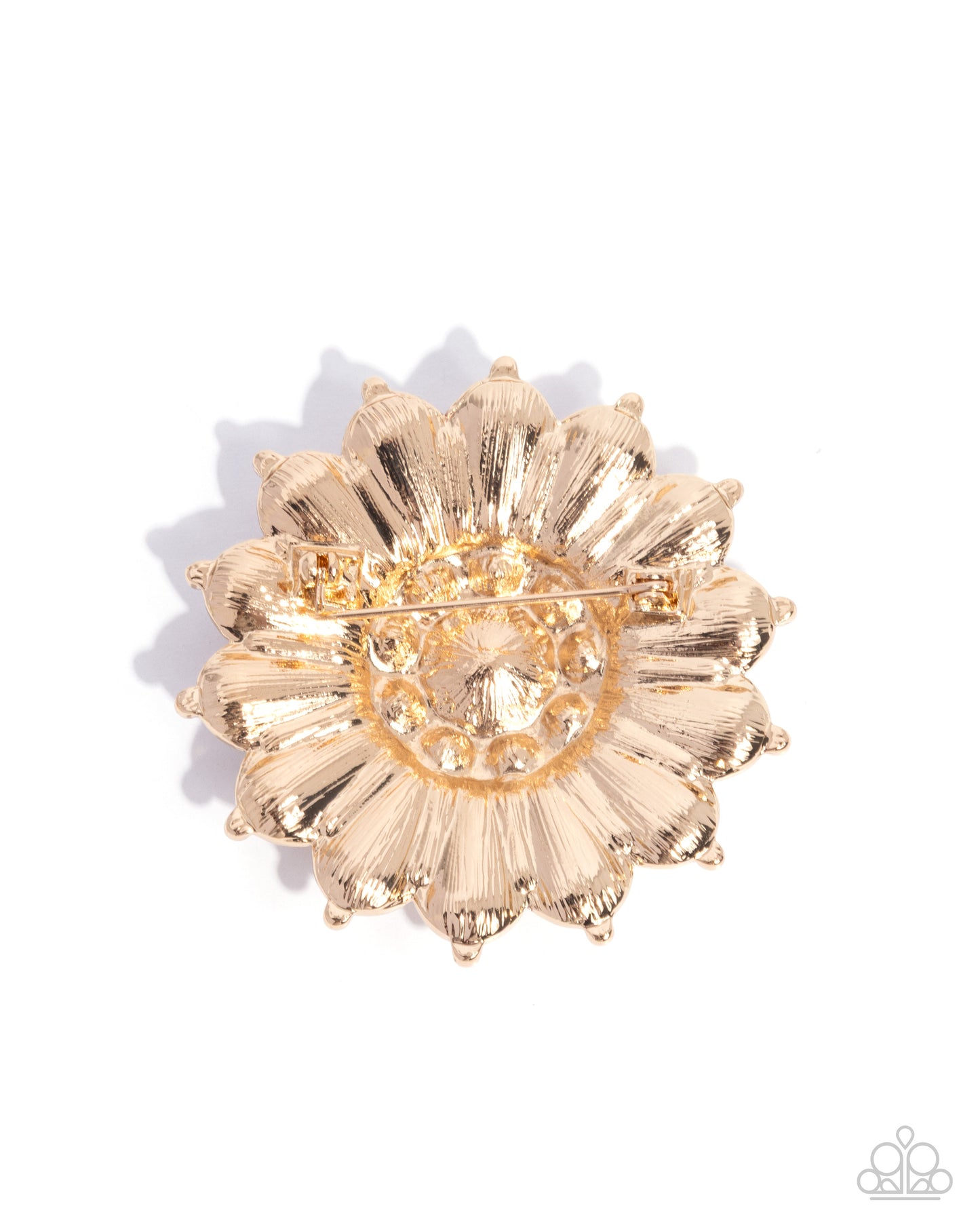 Paparazzi Polished Panorama - Gold, White Rhinestone & White Pearl Petal Flower Lapel Pin Brooch