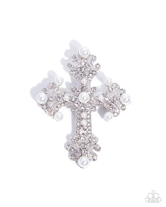 Paparazzi Candescent Cross - White Pearl & Rhinestone Cross Lapel Pin Brooch