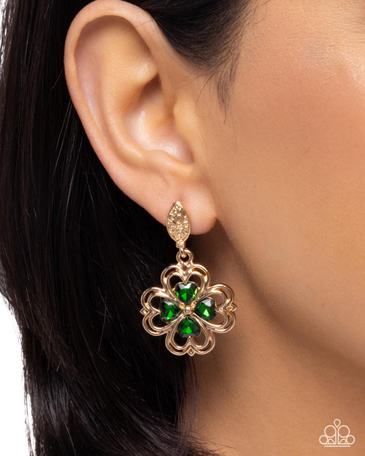 Paparazzi Casual Clover - Green Heart Gem & Gold Four Leaf Clover Post Earring E3345