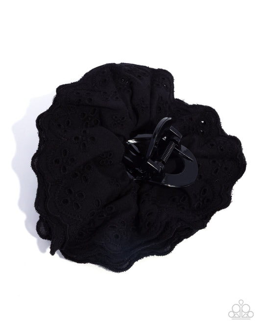 Paparazzi Energetic Eyelets - Black Scalloped Eyelet fabric Hair Claw Clip H0256