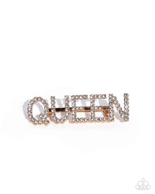 Paparazzi Queen Behavior - Gold & White Rhinestone "QUEEN" Lapel Pin Brooch BR036