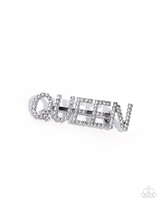Paparazzi Queen Behavior - White Rhinestone Silver "QUEEN" Lapel Pin Brooch