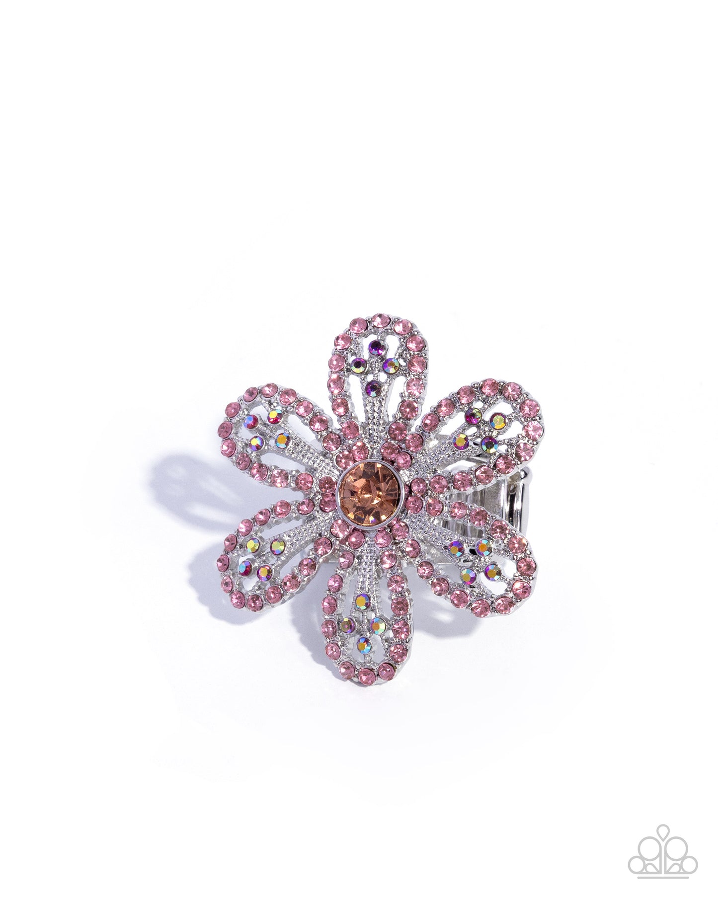 Paparazzi Absolutely Thriving - Pink Rose Iridescent Rhinestone Flower Ring R1375