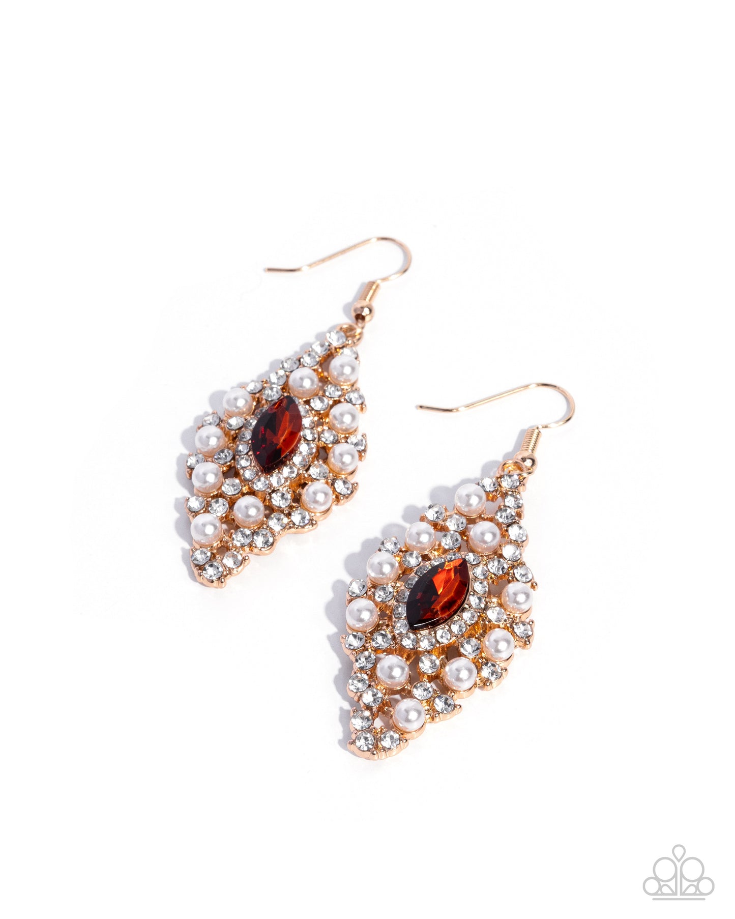 Paparazzi Palatial Promenade - Brown Topaz Gem & White Pearl Gold Earring E3386