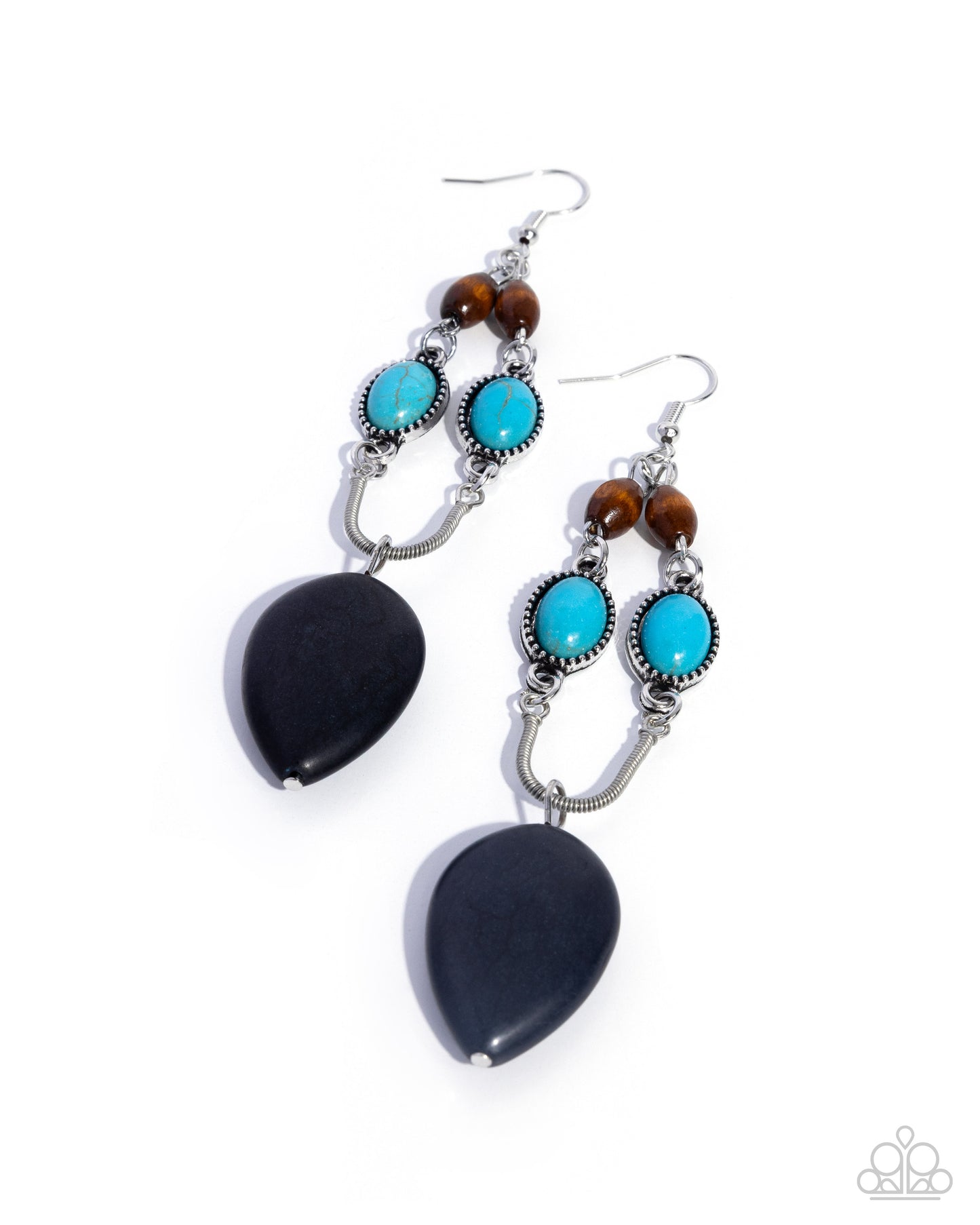 Paparazzi Authentic Advance - Black, Blue Turquoise Stone & Wood Bead Earring E3462