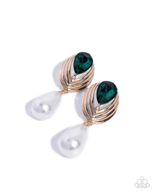 Paparazzi Elegantly Enraptured - Green Emerald Gem & Teardrop White Pearl Earring E3406