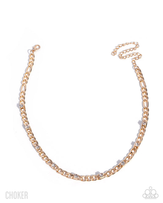Paparazzi Immense Sparkle - Gold Figaro Chain White Gem Choker Necklace