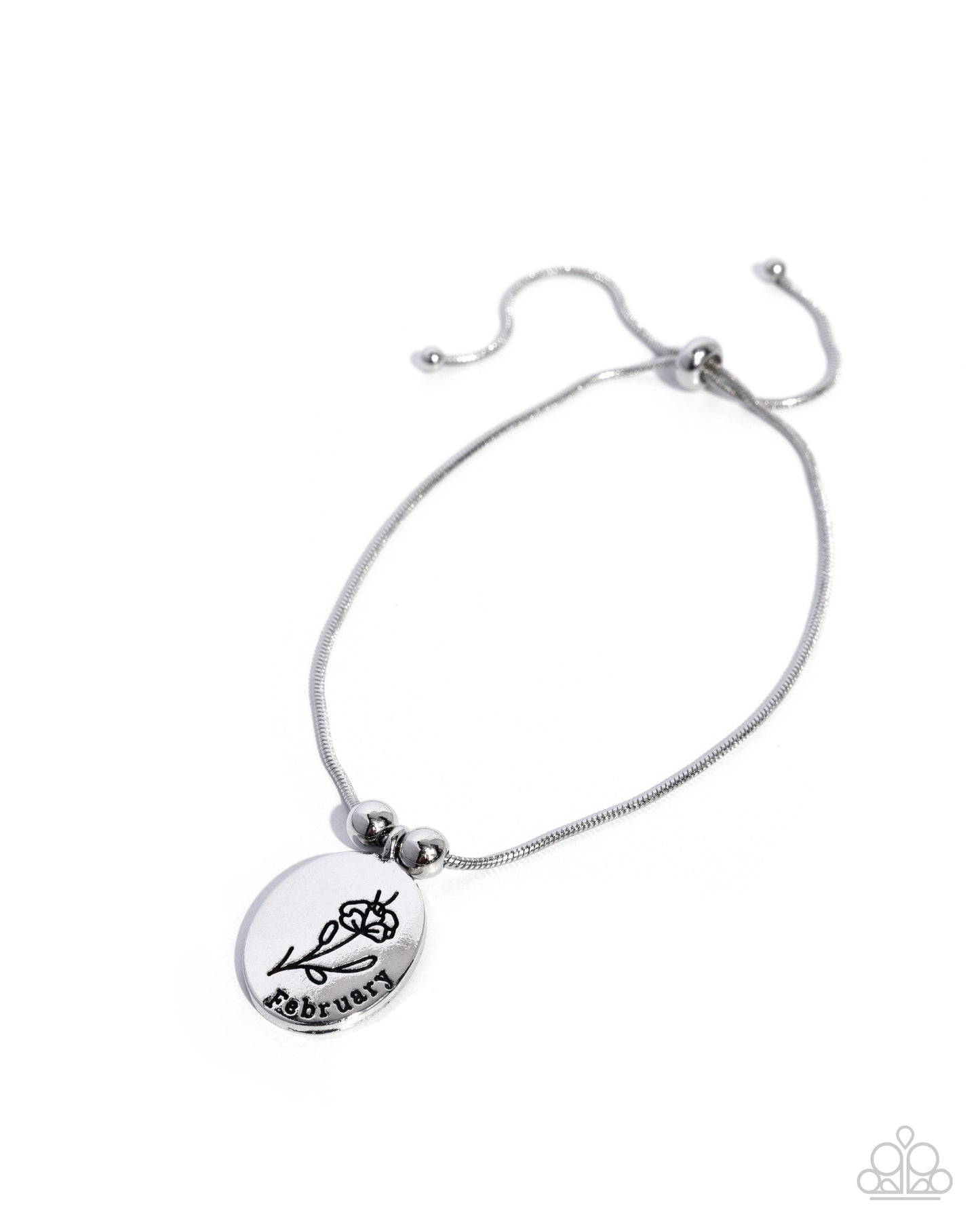 Paparazzi Personalized Bouquet - February - Silver Stamped "February" & Violet Birth Month Flower Charm Sliding Bead Closure Bracelet B2600