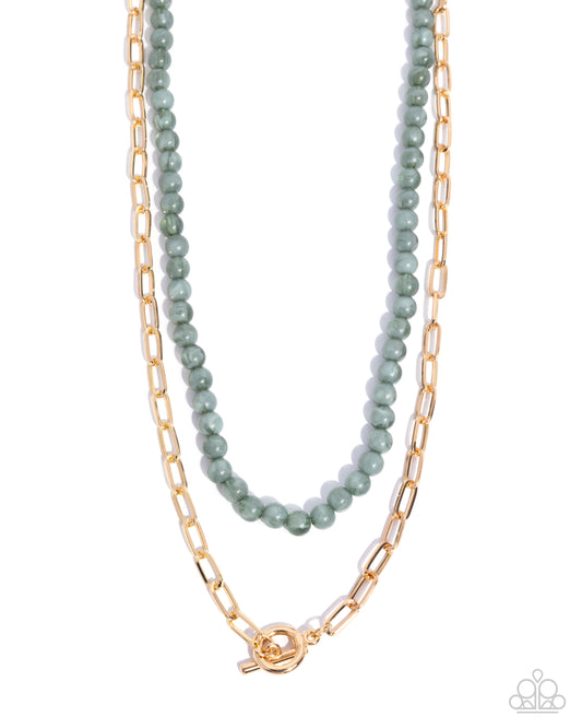 Paparazzi Compassionate Chic - Green Acrylic Bead Gold Paperclip Chain Layered Necklace N4043