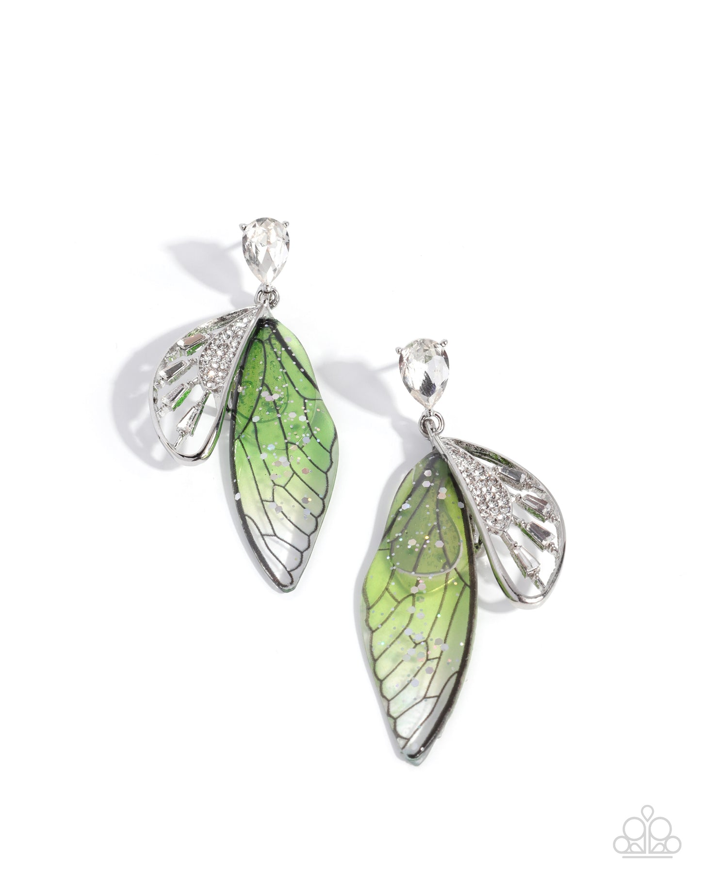 Paparazzi Floating Facade - Multi Green, White Rhinestone, Silver Dragonfly Wing Earring E3382