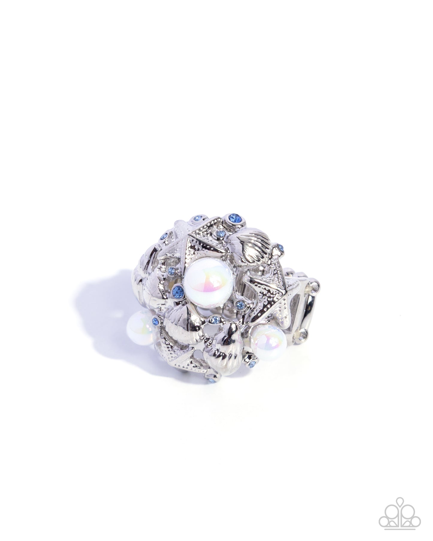 Paparazzi All About That Ocean - Blue Light Sapphire Rhinestone, Silver Seashell, Starfish & Iridescent Pearl Ring R1377