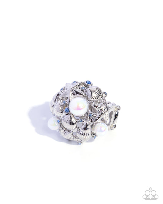 Paparazzi All About That Ocean - Blue Light Sapphire Rhinestone, Silver Seashell, Starfish & Iridescent Pearl Ring R1377