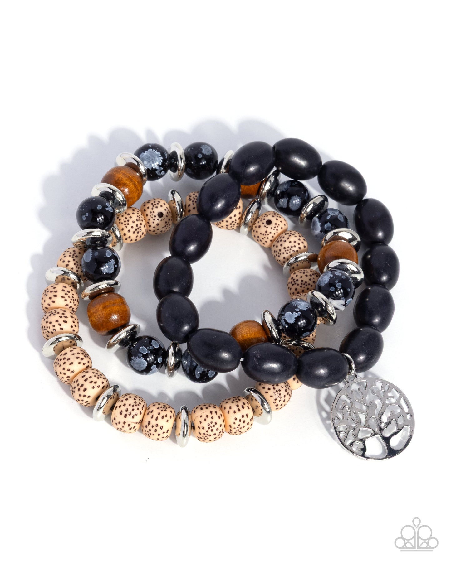 Paparazzi Spot Savvy - Multi Black, Ivory Spotted Bead Silver Tree Of Life Set Of 3 Stretch Bracelets B2559