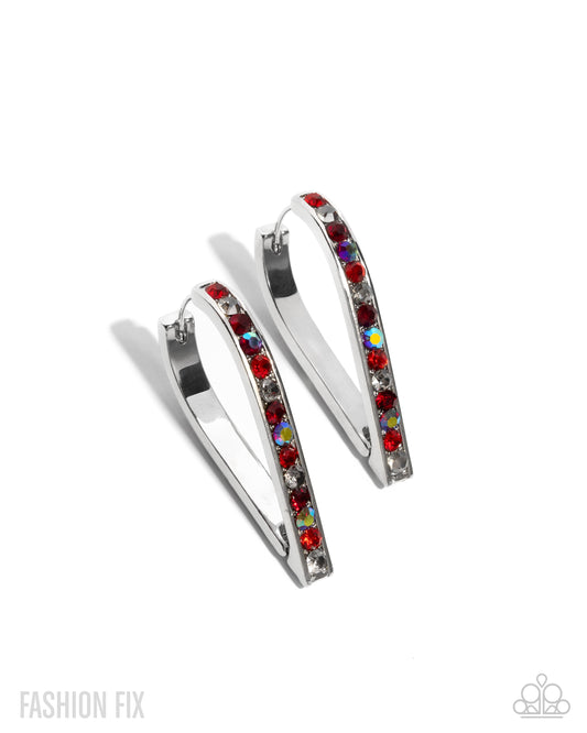 Paparazzi Spontaneous Shine - Red, Smoky, Red Iridescent Rhinestone Silver 3/4 Inch Teardrop Hoop Earring Sunset Sightings Fashion Fix November 2025