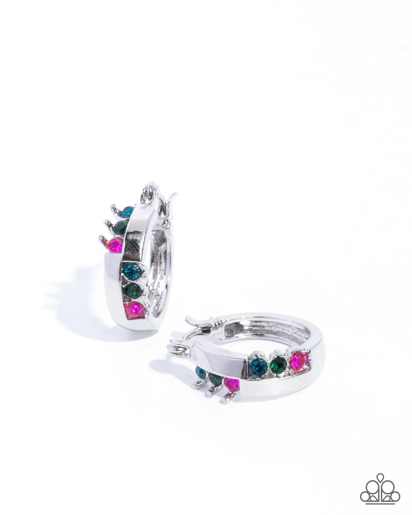 Paparazzi Abstract Accomplishment - Multicolored Rhinestone 3/4 Inch Silver Hoop Earring E3451