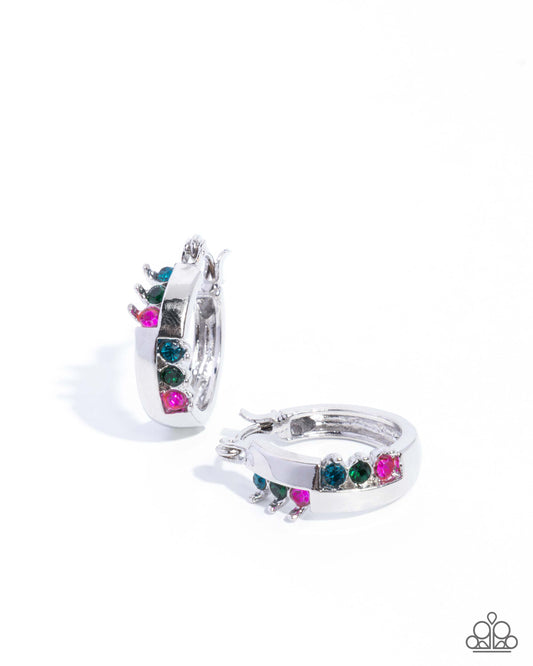 Paparazzi Abstract Accomplishment - Multicolored Rhinestone 3/4 Inch Silver Hoop Earring E3451