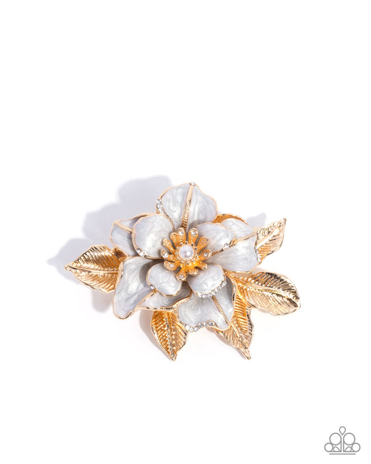 Paparazzi Pampered Prelude - Multi Gold, White Pearl Painted & White Rhinestone Flower Lapel Pin Brooch BR028