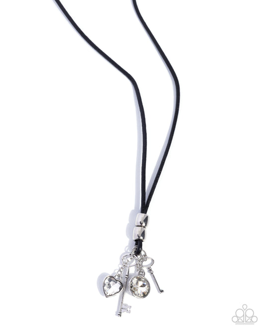 Paparazzi Elegance Unlocked - Black Cording Silver Key, Heart Padlock, & White Gem Charm Style Long Necklace