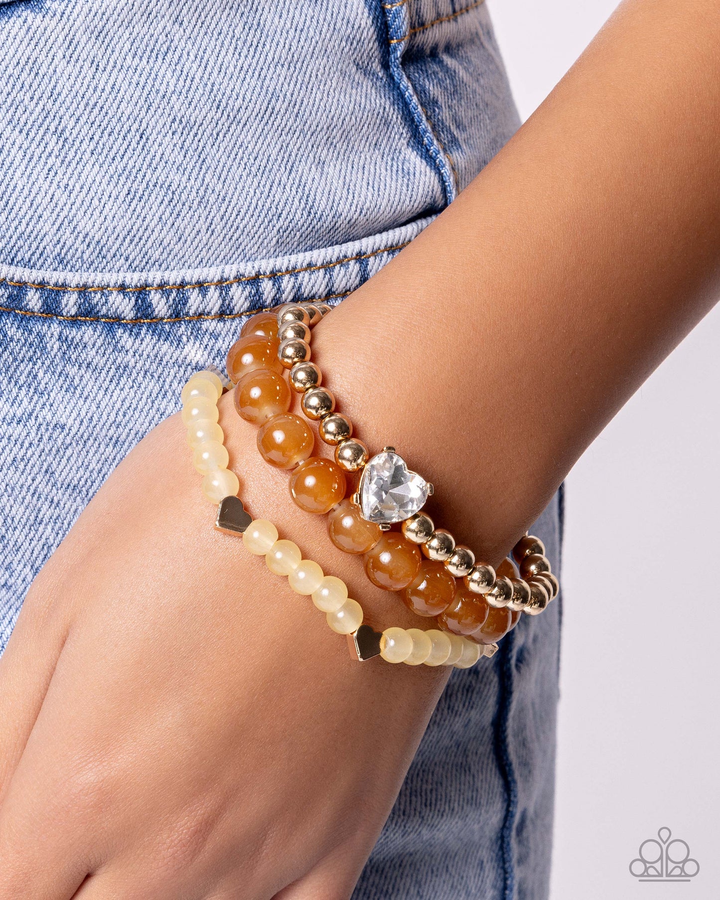 Paparazzi Imperial Impression - Brown, Bran, Cocoon & Gold Bead White Heart Gem Set Of 3 Stretch Bracelets B2689