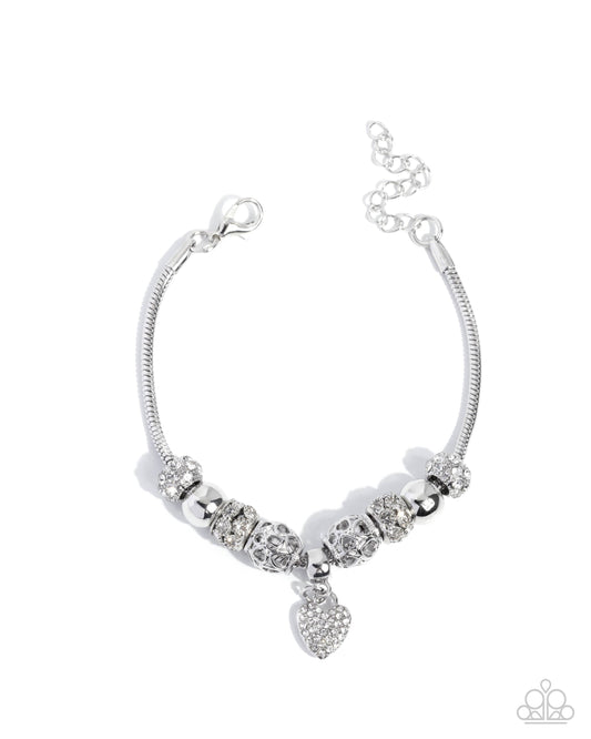 Paparazzi Romantic Roulette - White Rhinestone Bead Silver Snake Chain Bracelet B2513