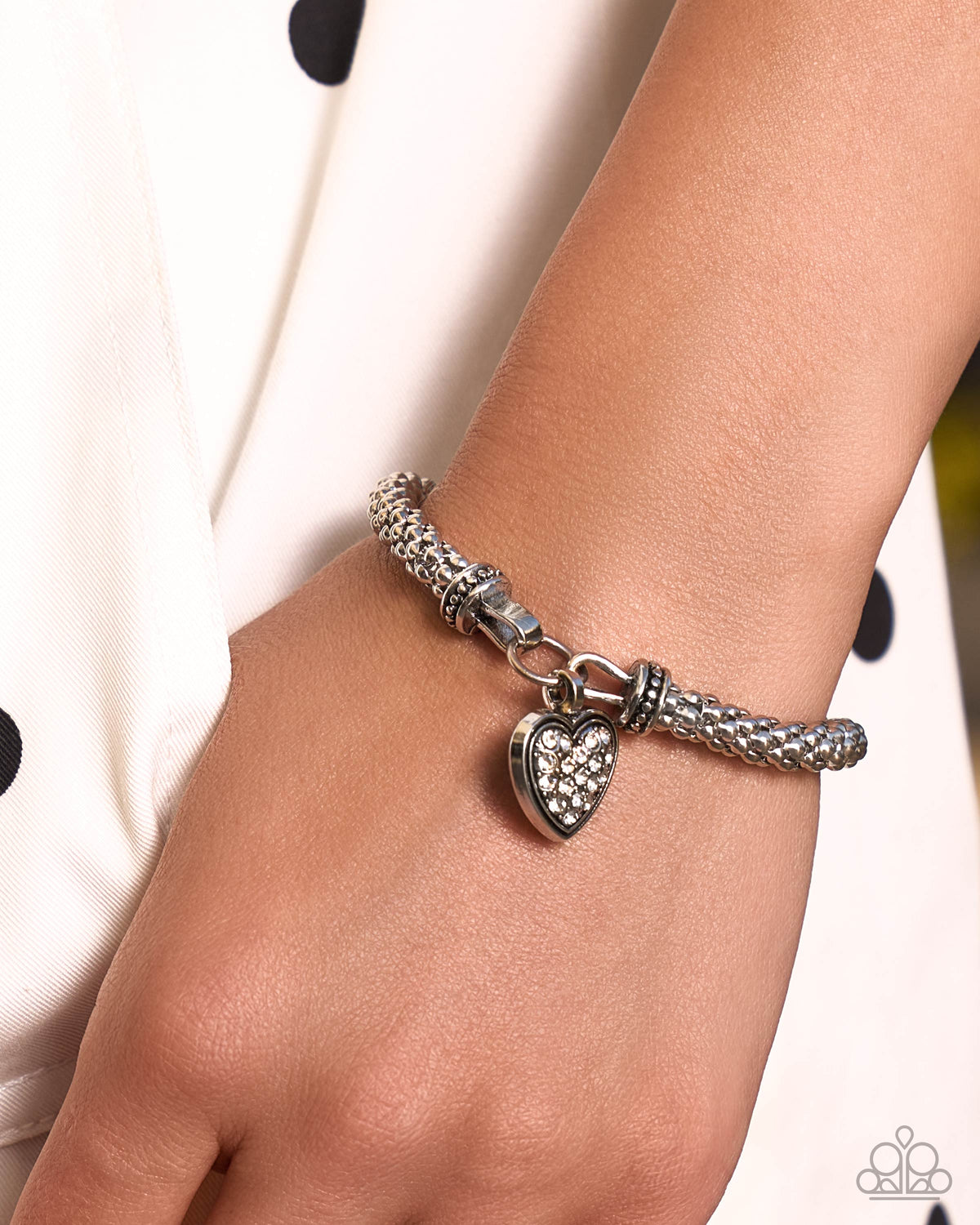 Paparazzi Heartfelt Hostess - White Rhinestone Silver Charm Stretch Bracelet