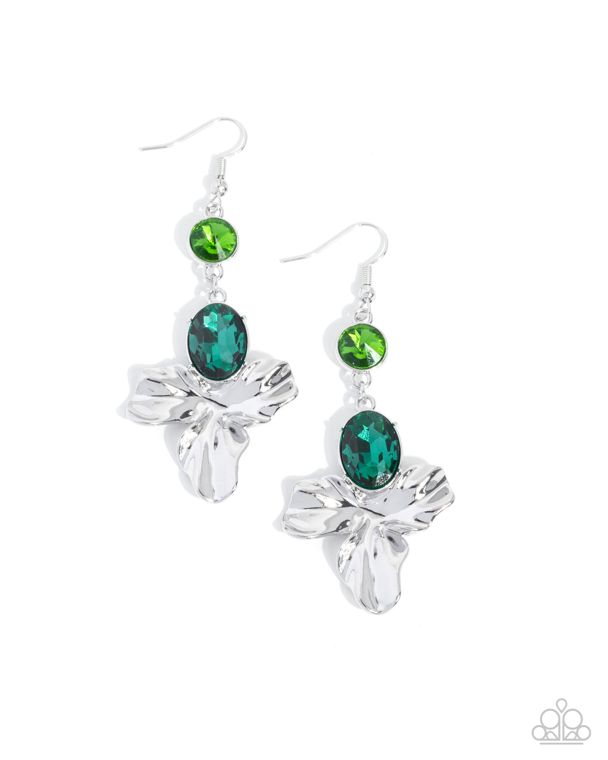 Paparazzi Staying Loose - Green Emerald Gem Silver Flower Earring E3495