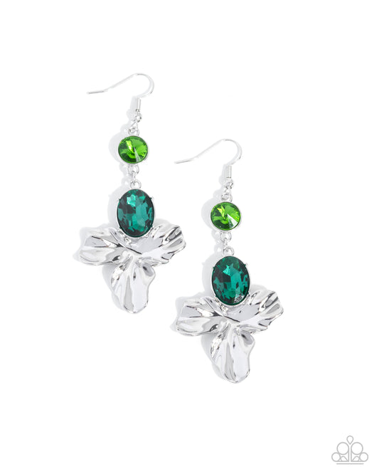 Paparazzi Staying Loose - Green Emerald Gem Silver Flower Earring E3495