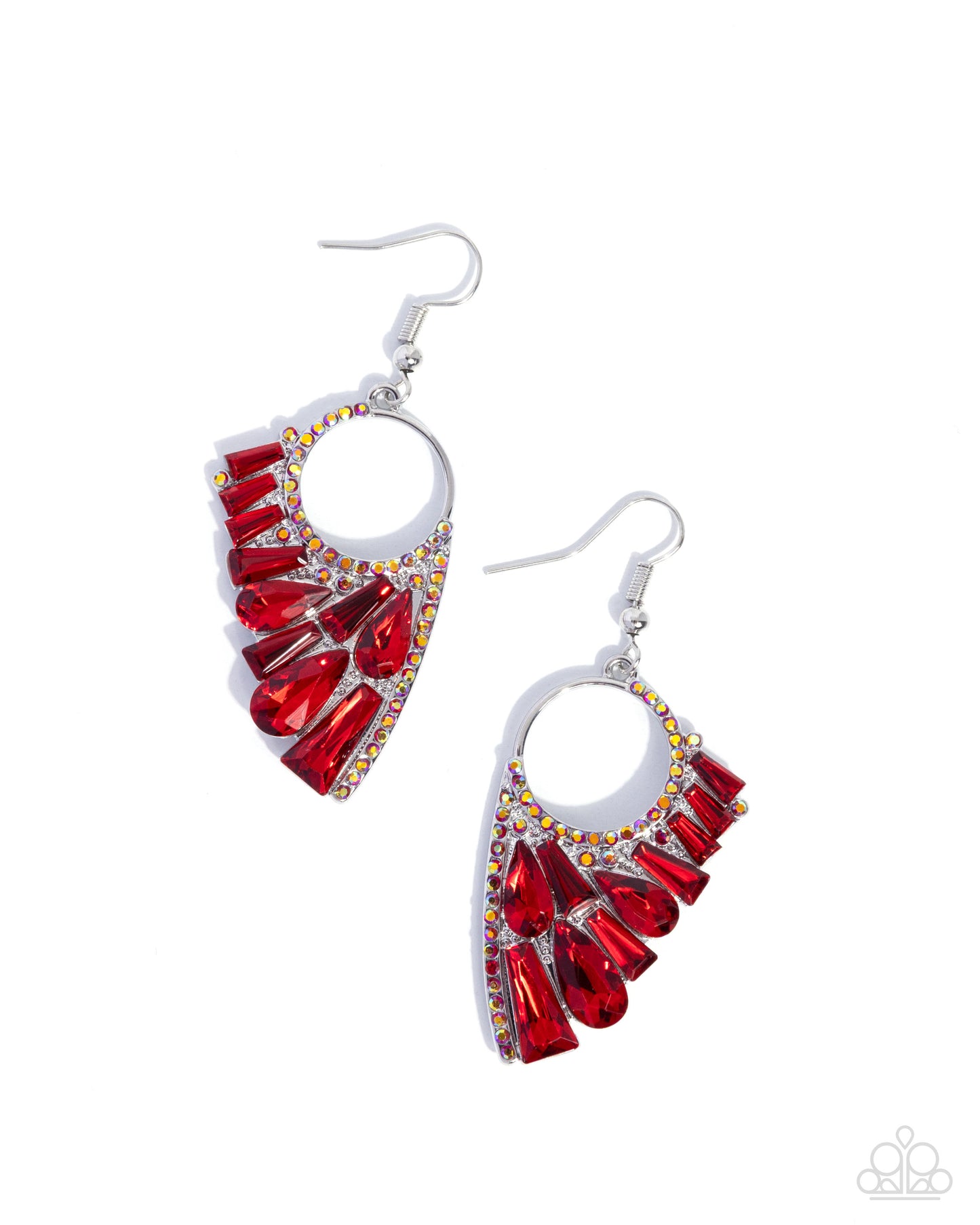 Paparazzi Powerful Pageantry - Red & Multicolored Iridescent Rhinestone Gem Silver Earring E0964