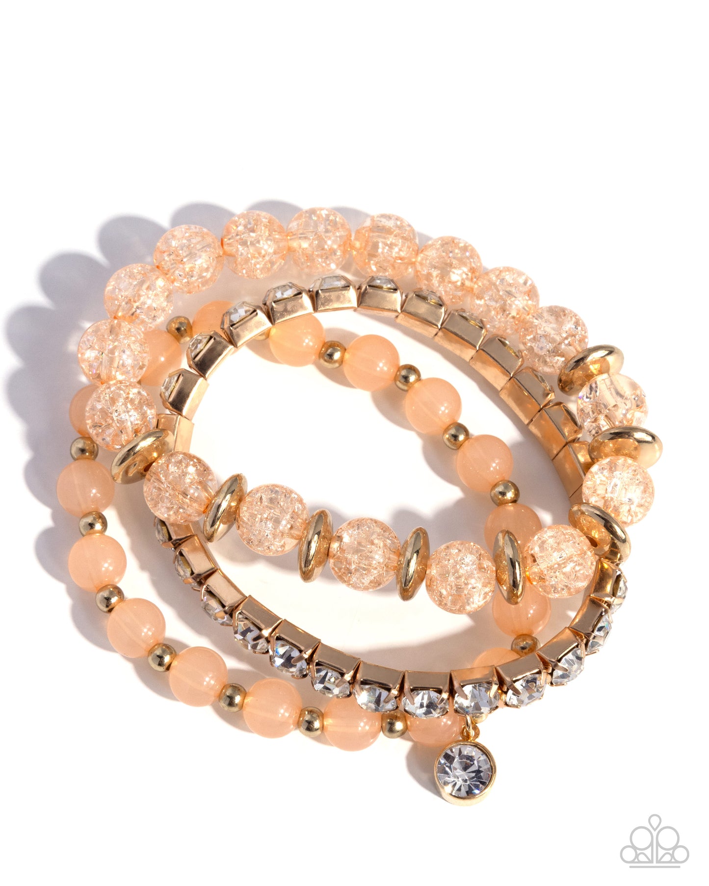 Paparazzi Shattered Style - Gold, Peach, Crackle Beads & White Gem Set Of 3 Stretch Bracelets B2642