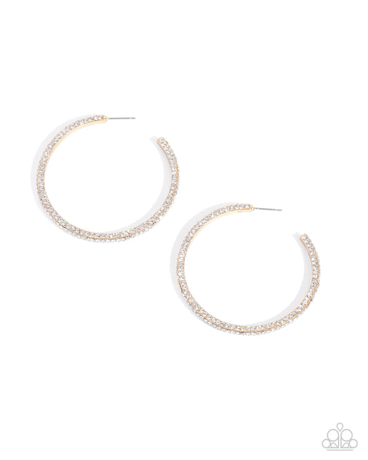 Paparazzi Solemn Shimmer - Gold & White Rhinestone 2 Inch Hoop Earring