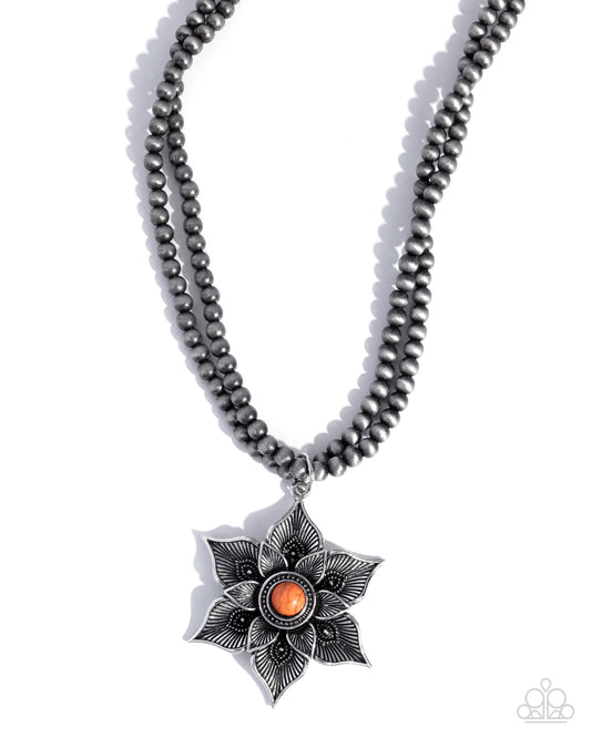 Paparazzi Santa Fe Socialite - Orange Stone Silver Flower Navajo Pearl Bead Santa Fe Style Necklace N4013