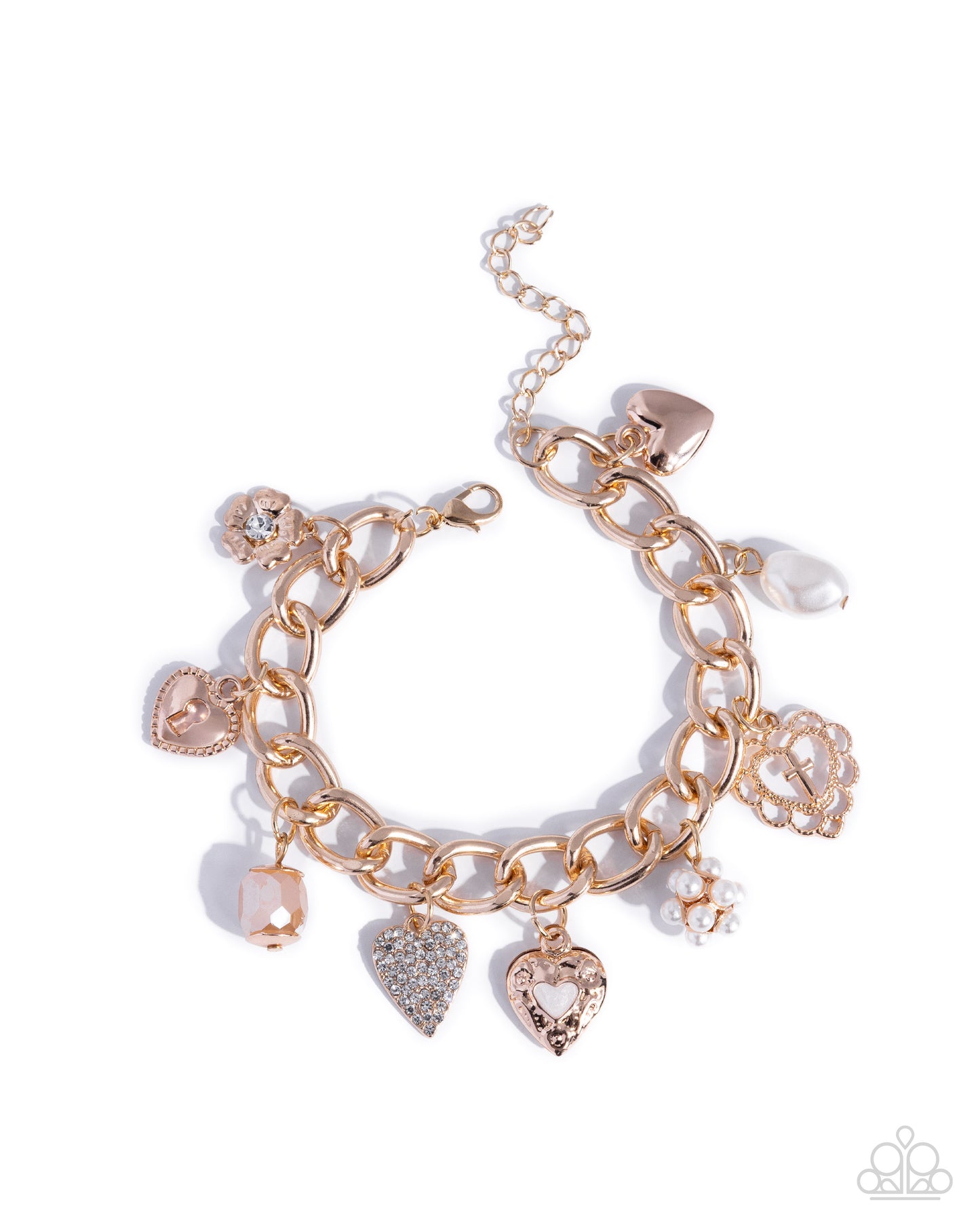 Paparazzi Celestial Court - Gold Charms Flower, Heart Lock, Heart, Lacy Heart & White Pearl Bracelet B2585