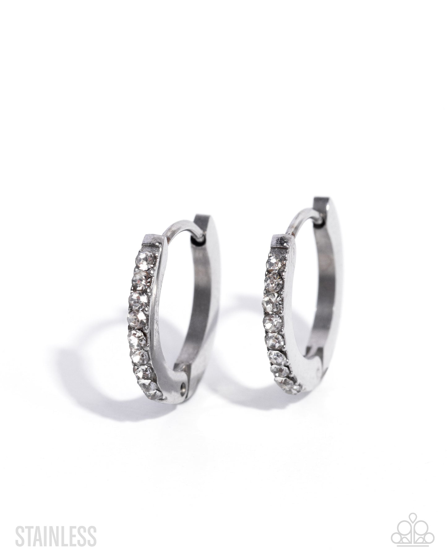 Paparazzi Fixed Flair - White Rhinestone Stainless Steel 1/2 Inch Hinge Hoop Earring E0487