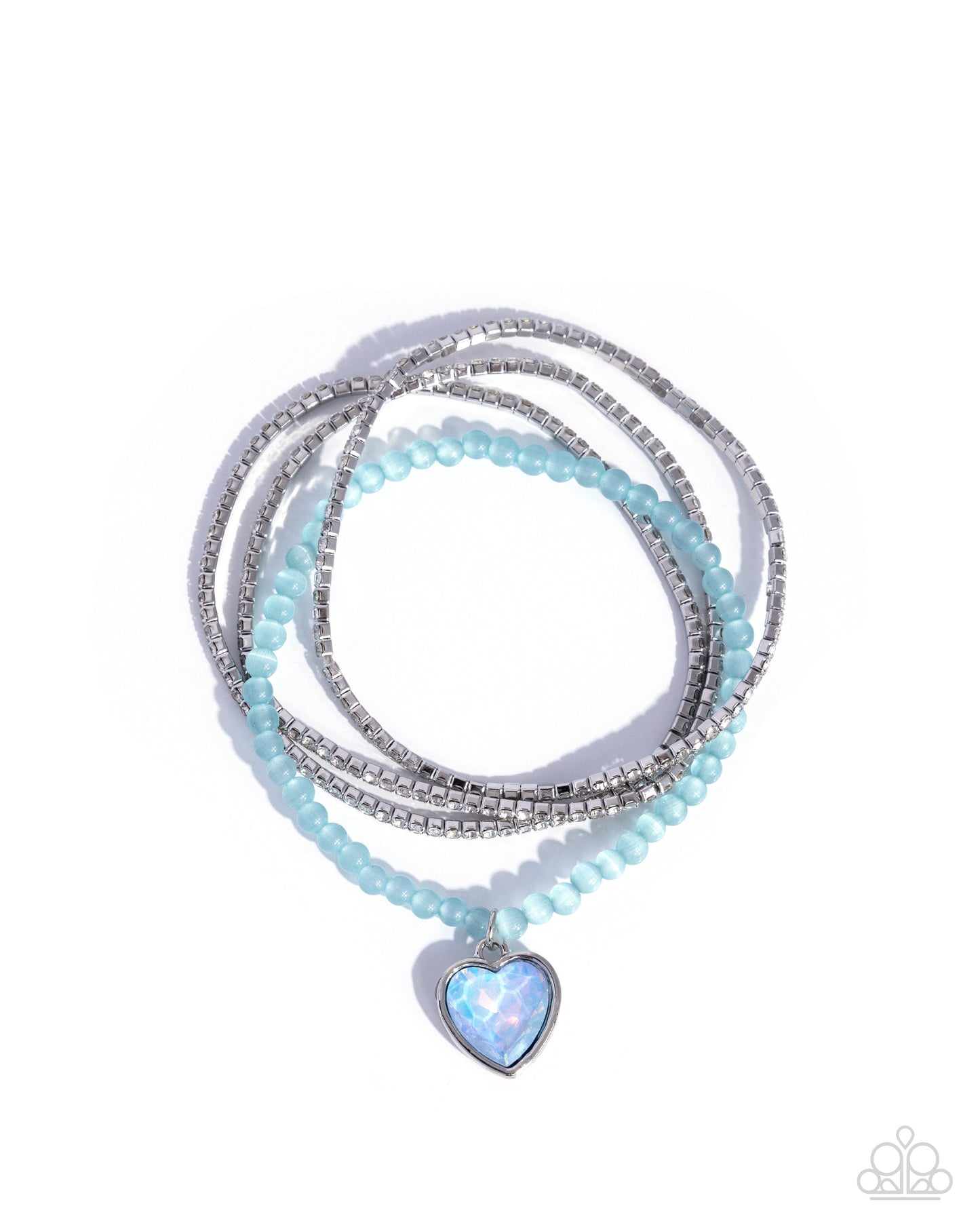 Paparazzi Mass Matchmaking - Blue Cat's Eye Stone, Opalescent Heart Gem & White Rhinestone Stretch Set Of 4 Bracelets B2651