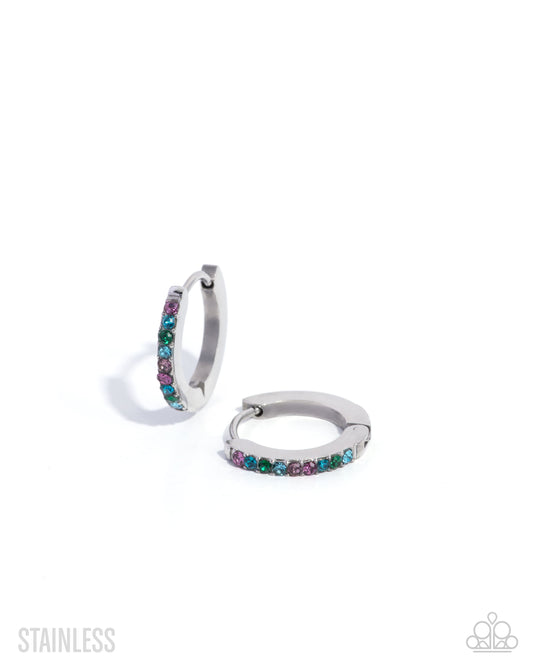 Paparazzi Fixed Flair - Multicolored Purple, Blue, Green Rhinestone Silver Stainless Steel 1/2 Inch Hinged Hoop Earring