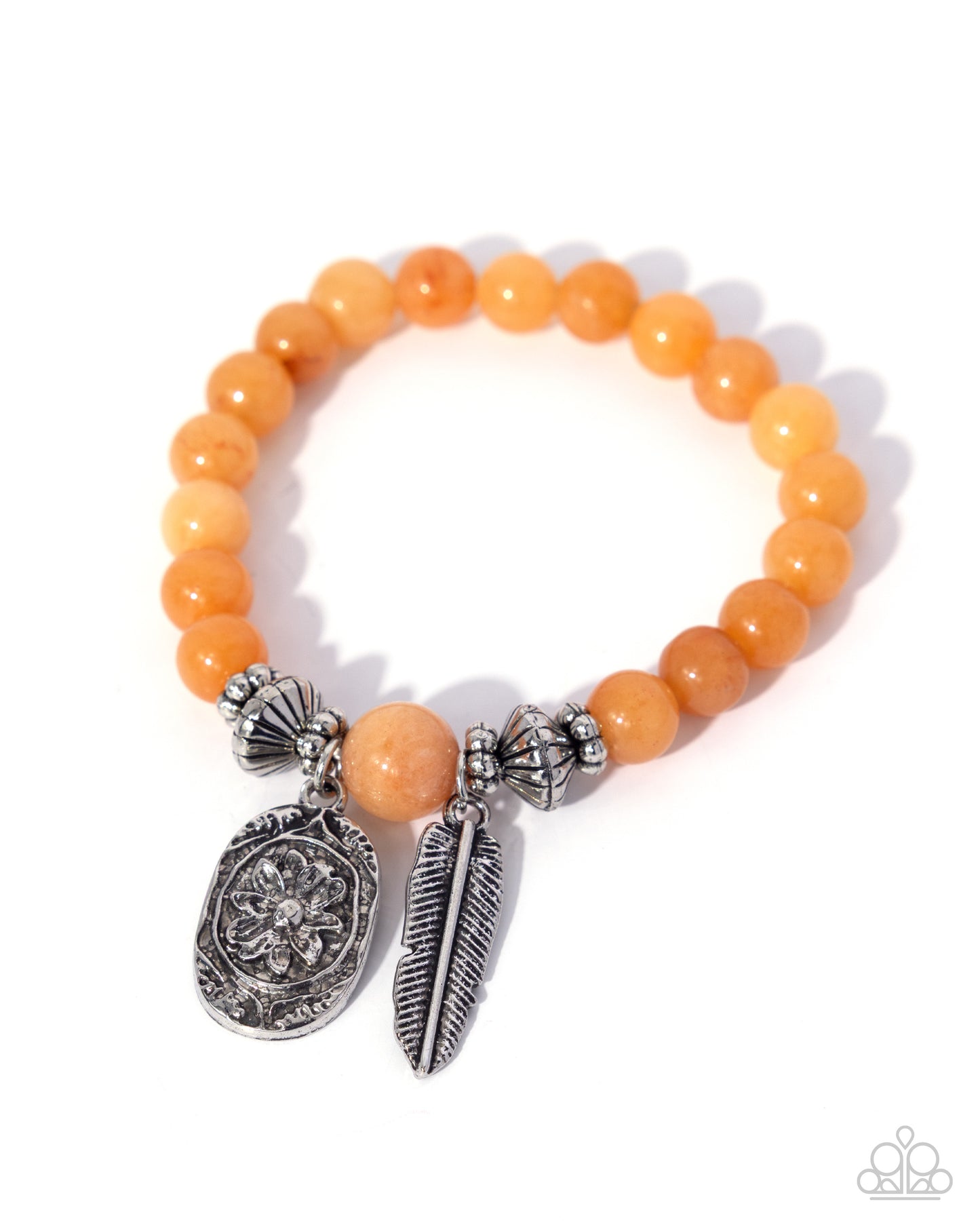 Paparazzi Rustic Rubato - Orange Stone, Silver Feather & Bead Stretch Bracelet