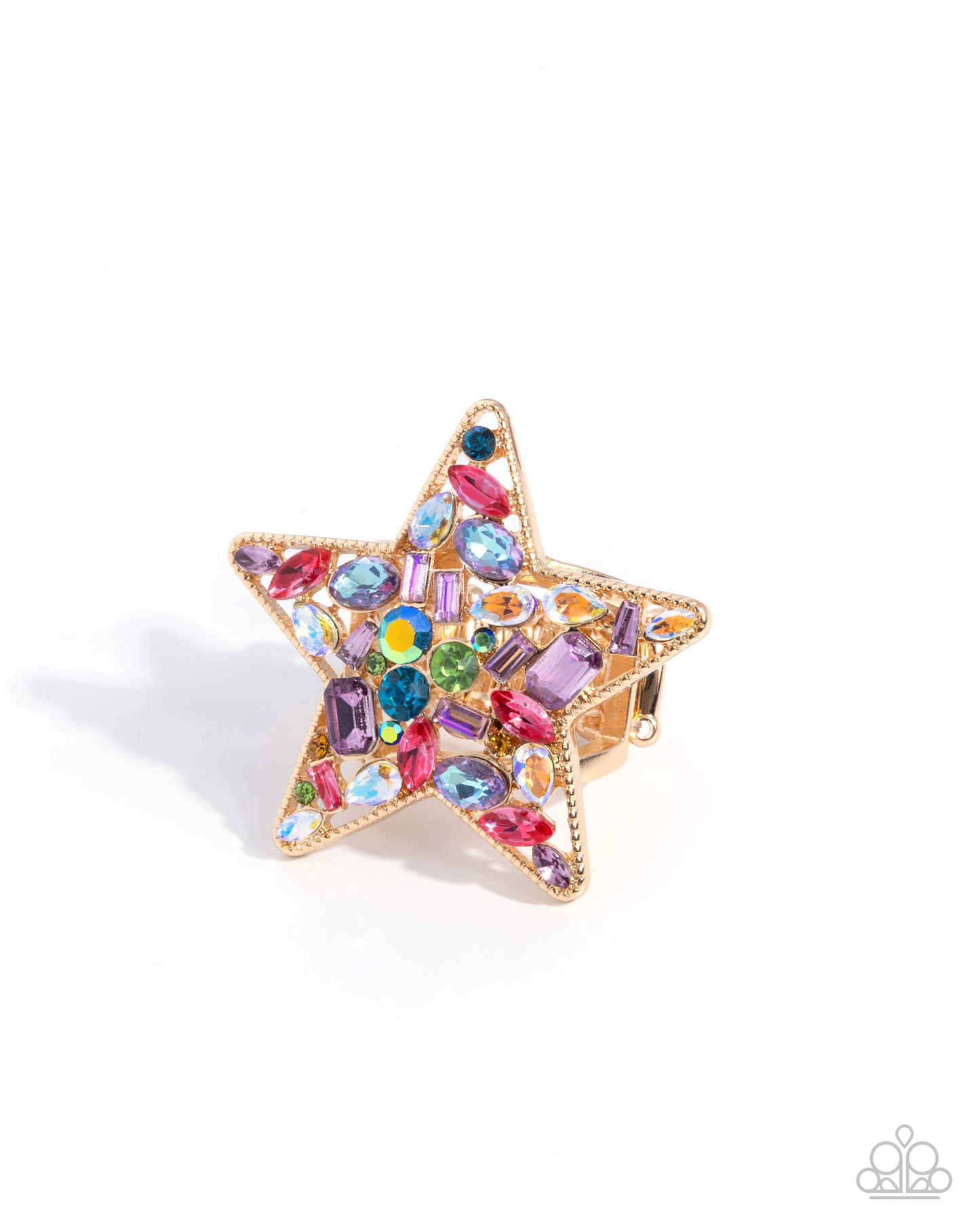 Paparazzi Explosive Embrace - Multicolored, Iridescent Rhinestone & Gem Gold Star Ring R1380