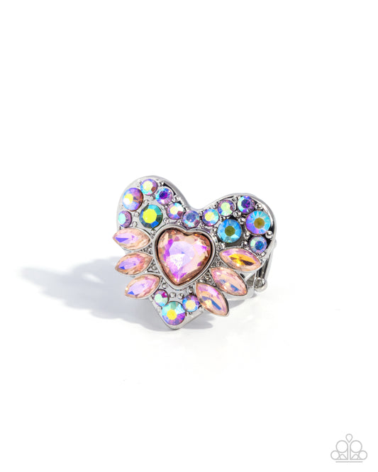 Paparazzi Cupid Color - Orange Opalescent Gem & Multicolored Iridescent Rhinestone Heart Ring R1370
