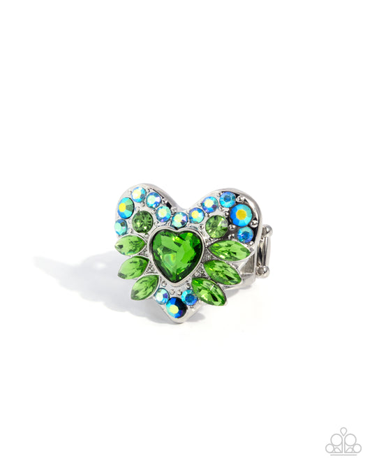 Paparazzi Cupid Color - Green Emerald & Aquamarine Iridescent Rhinestone Heart Ring