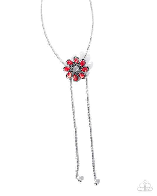 Paparazzi Stony Sashay - Red Marbled Stone Flower Silver Bolo Santa Fe Style Necklace N4045