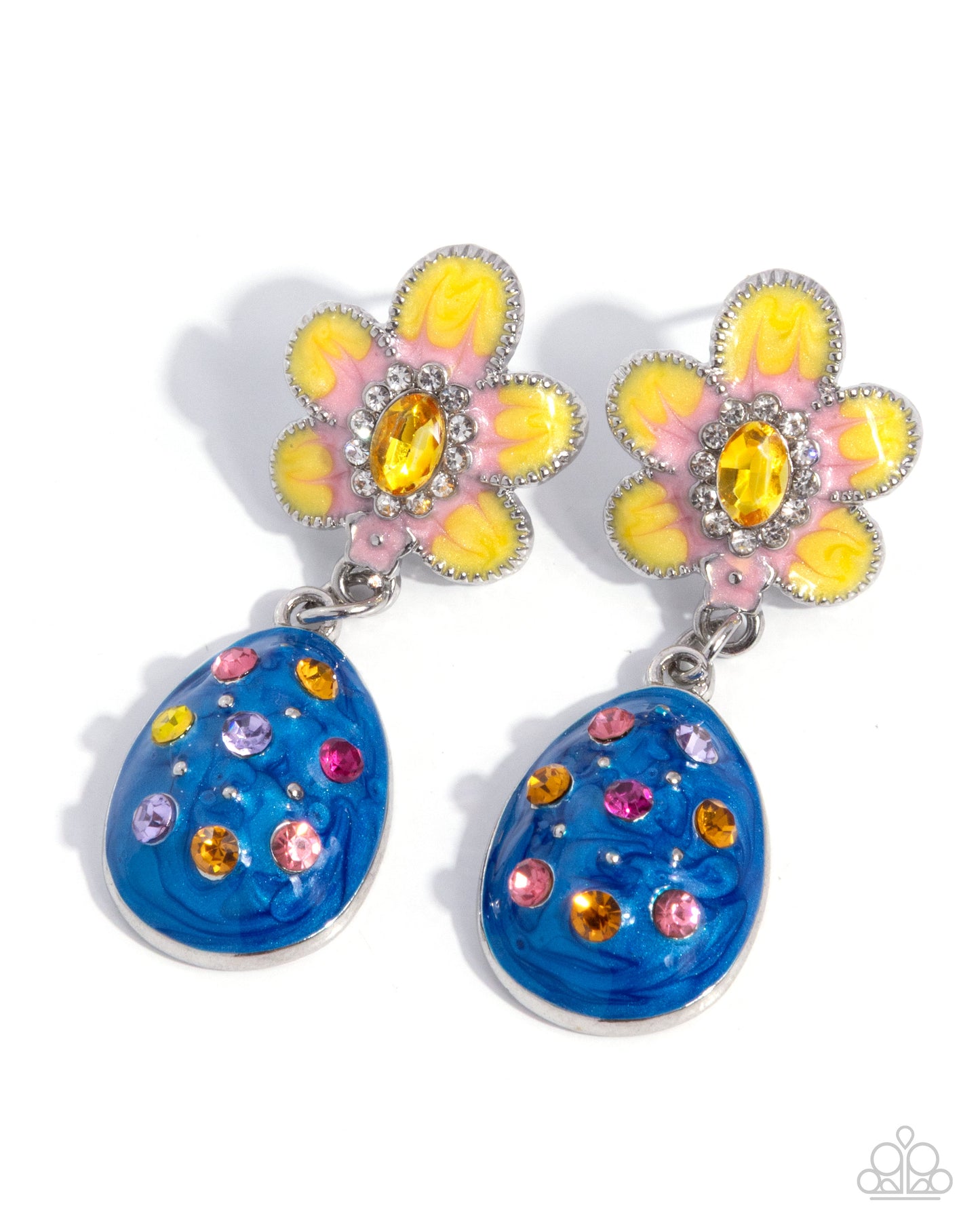 Paparazzi Painting Eggs - Multicolored Rhinestone Gems, Yellow Pearl Painted Flower & Blue Easter Egg Earring E3371