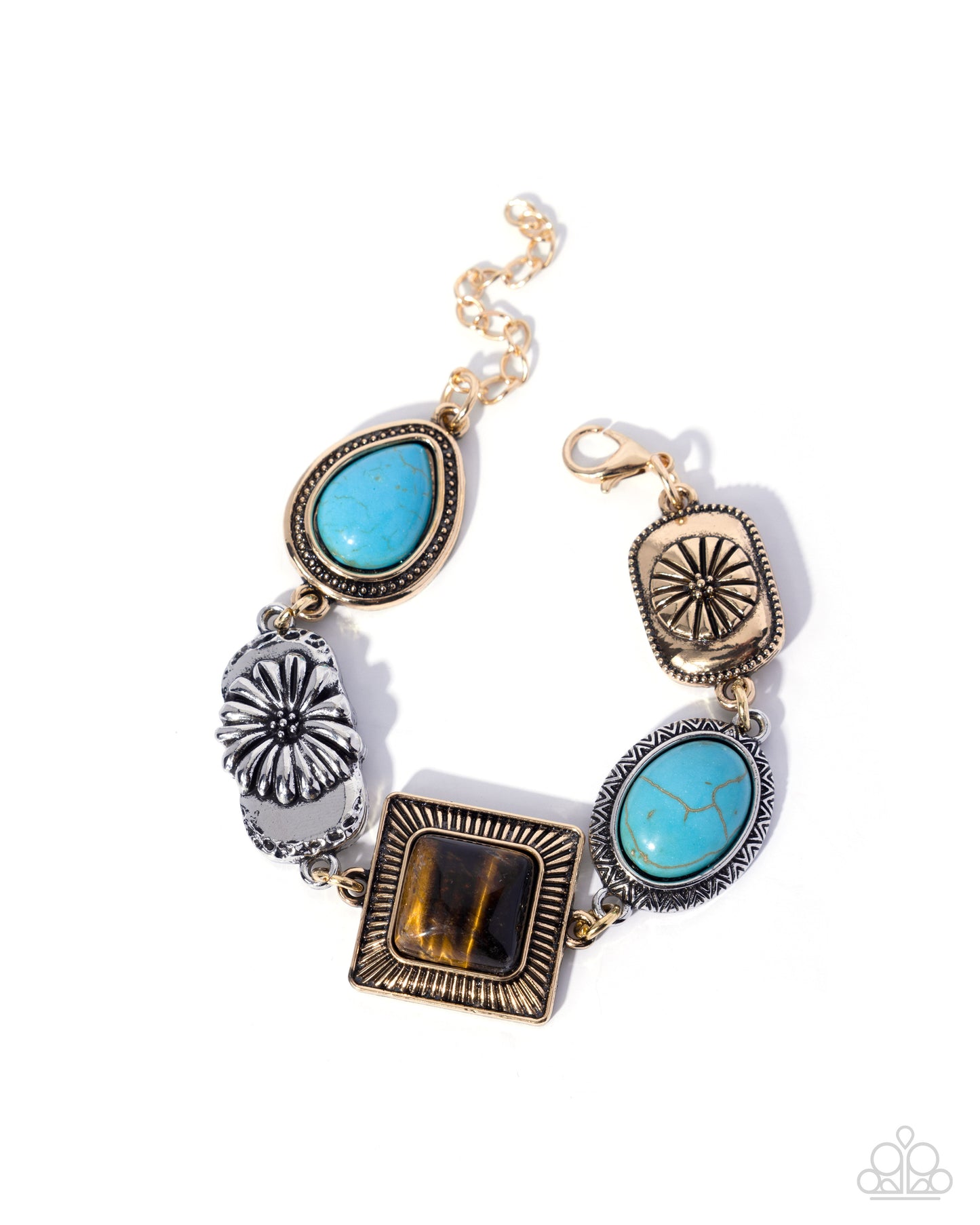 Paparazzi Chic Coordination - Multi Turquoise, Tiger's Eye Stone Gold Bracelet B2692