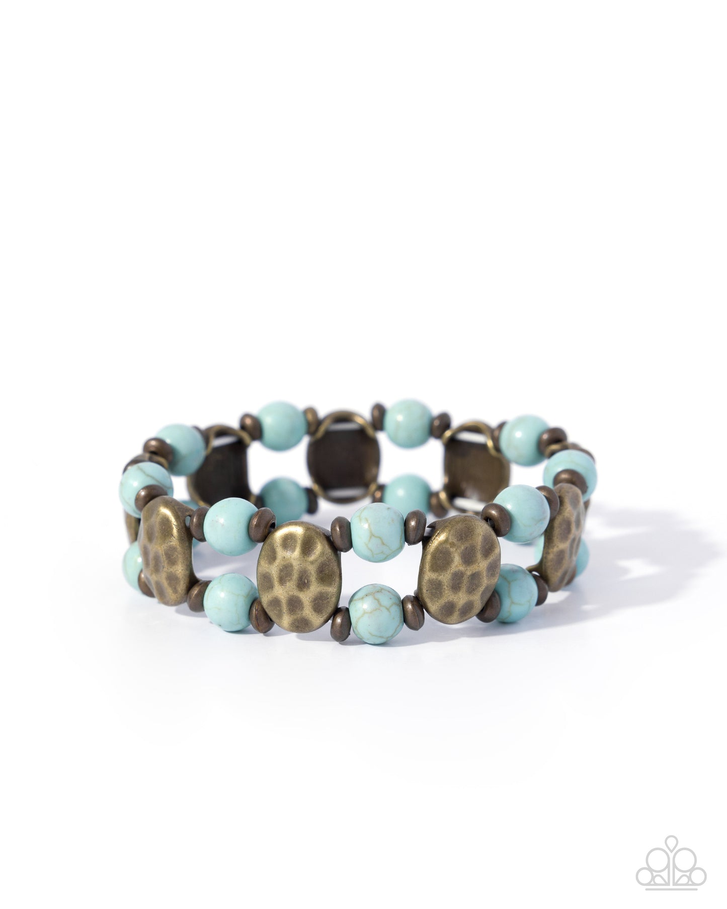 Paparazzi Santa Fe Scope - Brass Hammered Disc & Marbled Turquoise Stone Santa Fe Style Stretch Bracelet B2612