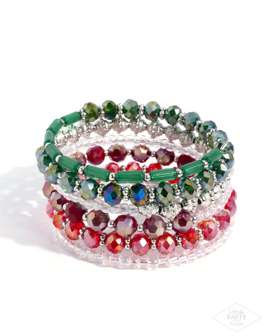 Paparazzi Stacked Surprise - Multi Green UV, White Iridescent, Red UV & Milky Green Beaded Coil Infinity Wrap Bracelet Life Of The Party Pink Diamond B2648