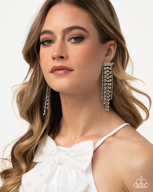 Paparazzi Confident Cadenza - White Rhinestone Silver Chandelier Earrings Life Of The Party August 2026 E2510