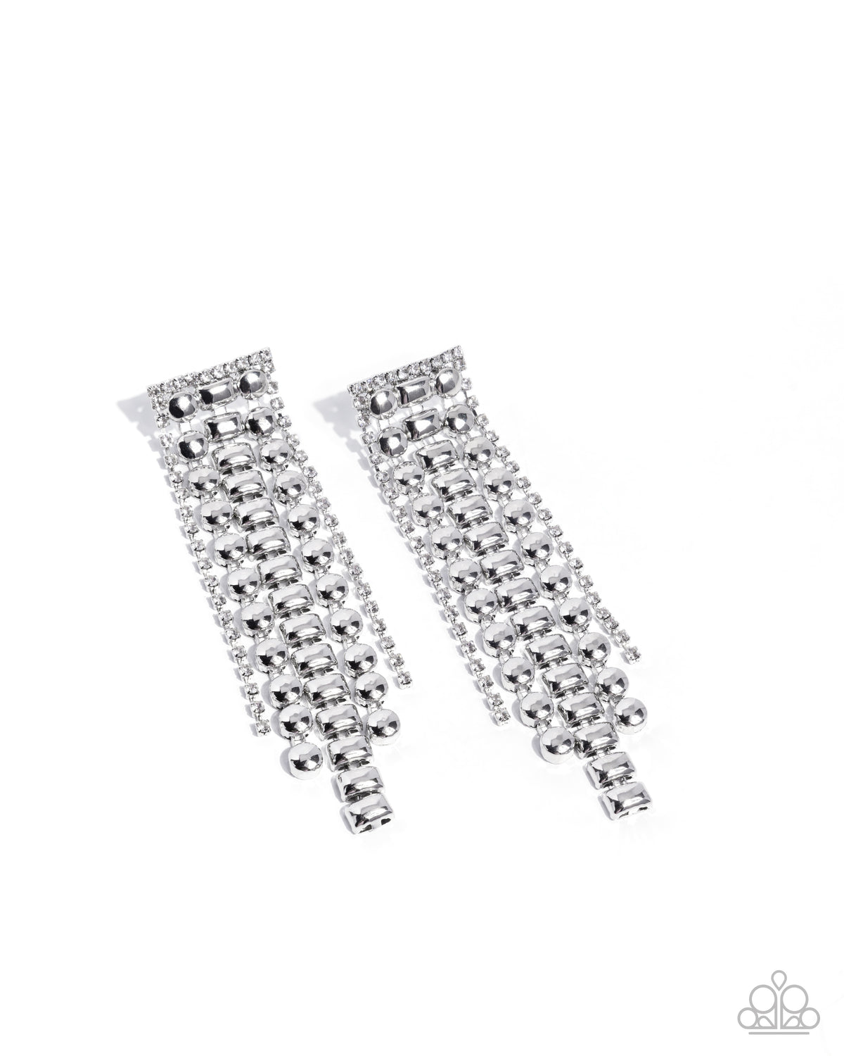 Paparazzi Confident Cadenza - White Rhinestone Silver Chandelier Earrings Life Of The Party August 2026 E2510